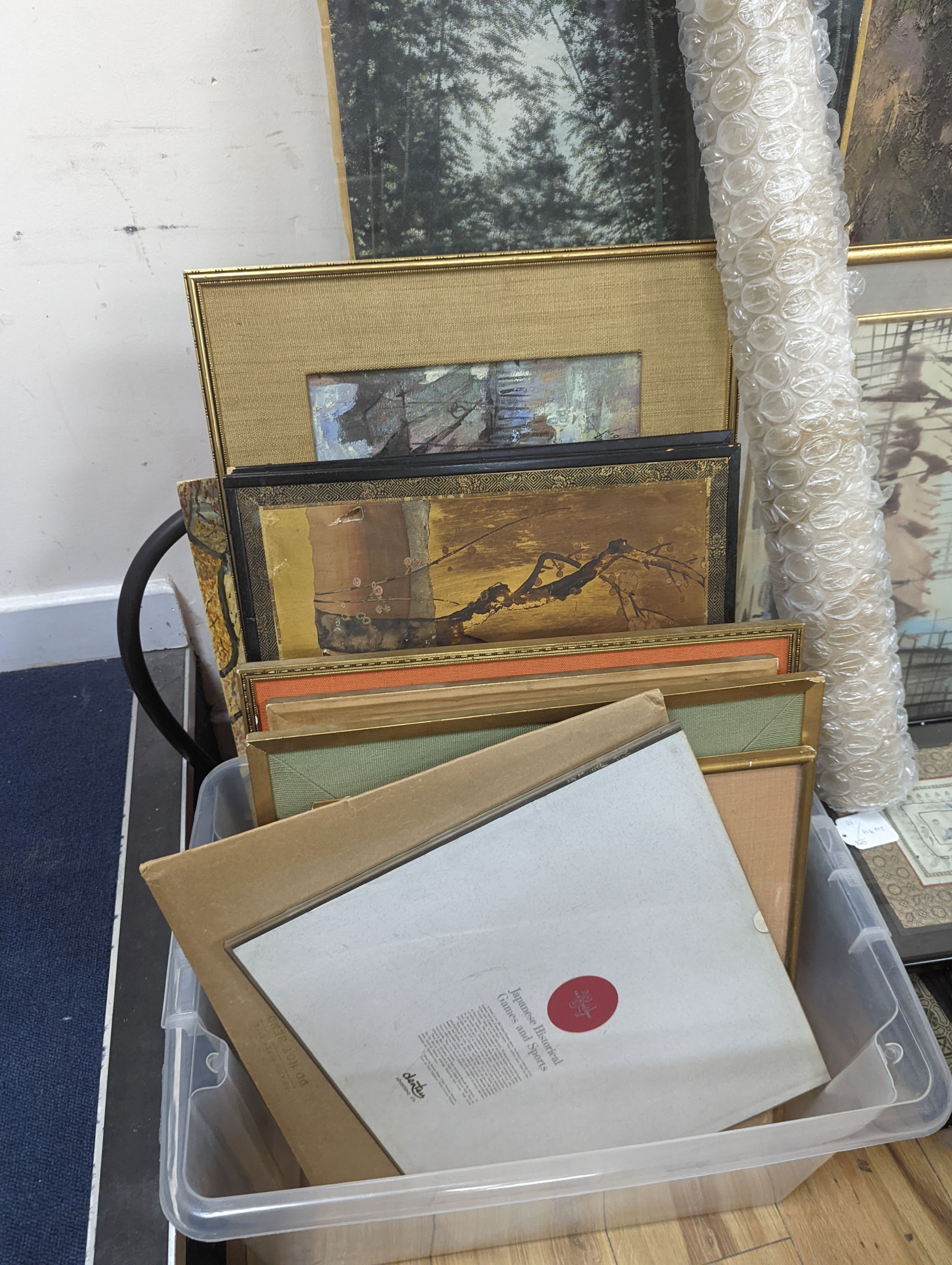 A large collection of assorted 20th century Asian pictures and textile panels